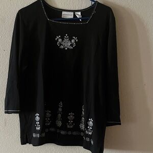 Alfred Dunner Black Top with White Embroidery